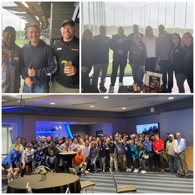 Three photos from the USA Cares fundraiser at Top Golf: three men in a hitting bay, a group by the range netting and a large group indoors