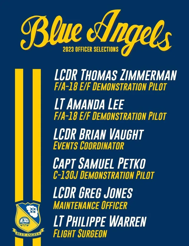 Blue Angels 2023 officer selections graphic naming six officers and their roles, including LT Amanda Lee, F/A-18 E/F demonstration pilot