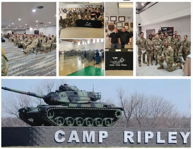 Collage of soldiers at a briefing and around a LockLeed table, two LockLeed staff at their booth, soldiers by a LockLeed banner, and the Camp Ripley sign.