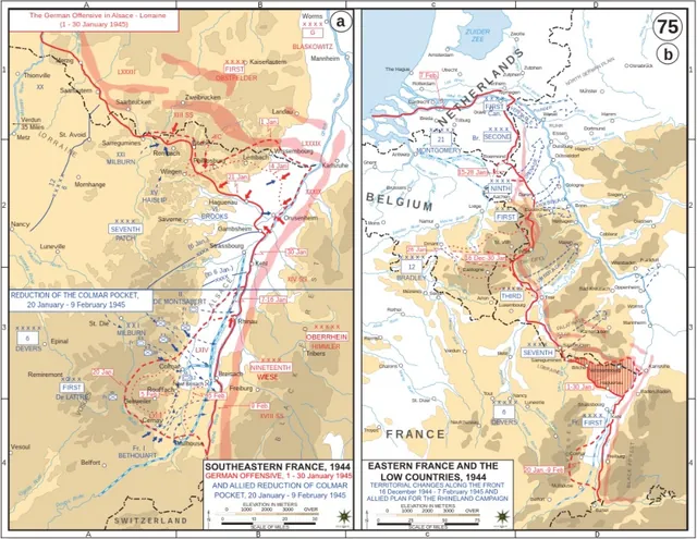 Two side-by-side World War II campaign maps in tan and blue, with red lines and arrows marking the front in Alsace-Lorraine and the Low Countries.