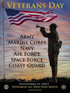 2023 Veterans Day poster: a bugler silhouetted at sunset beside an American flag, listing the Army, Marine Corps, Navy, Air Force, Space Force and Coast Guard