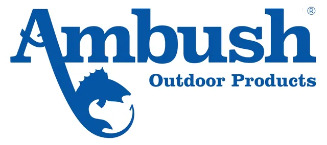 Ambush Outdoor Products logo in blue lettering, with a fish curling from the tail of the letter A