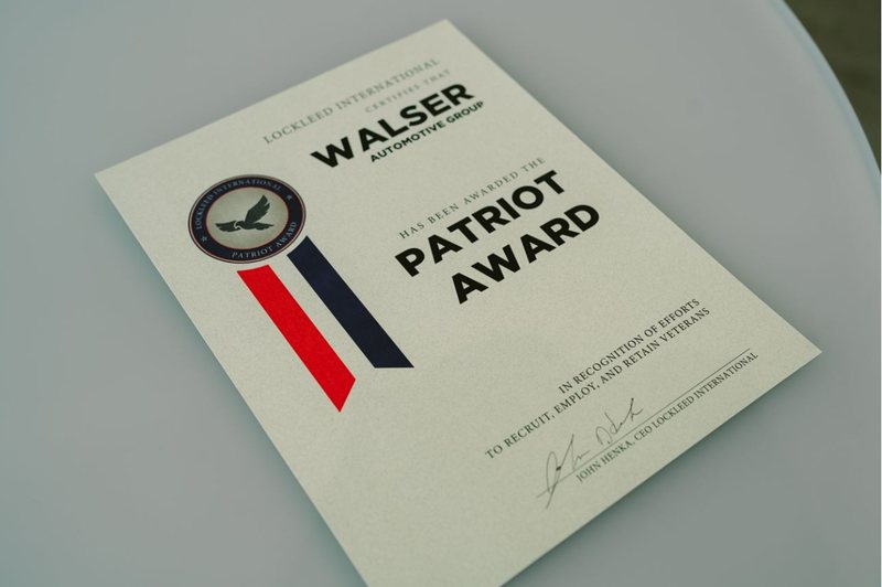 Signed LockLeed Patriot Award certificate for Walser Automotive Group